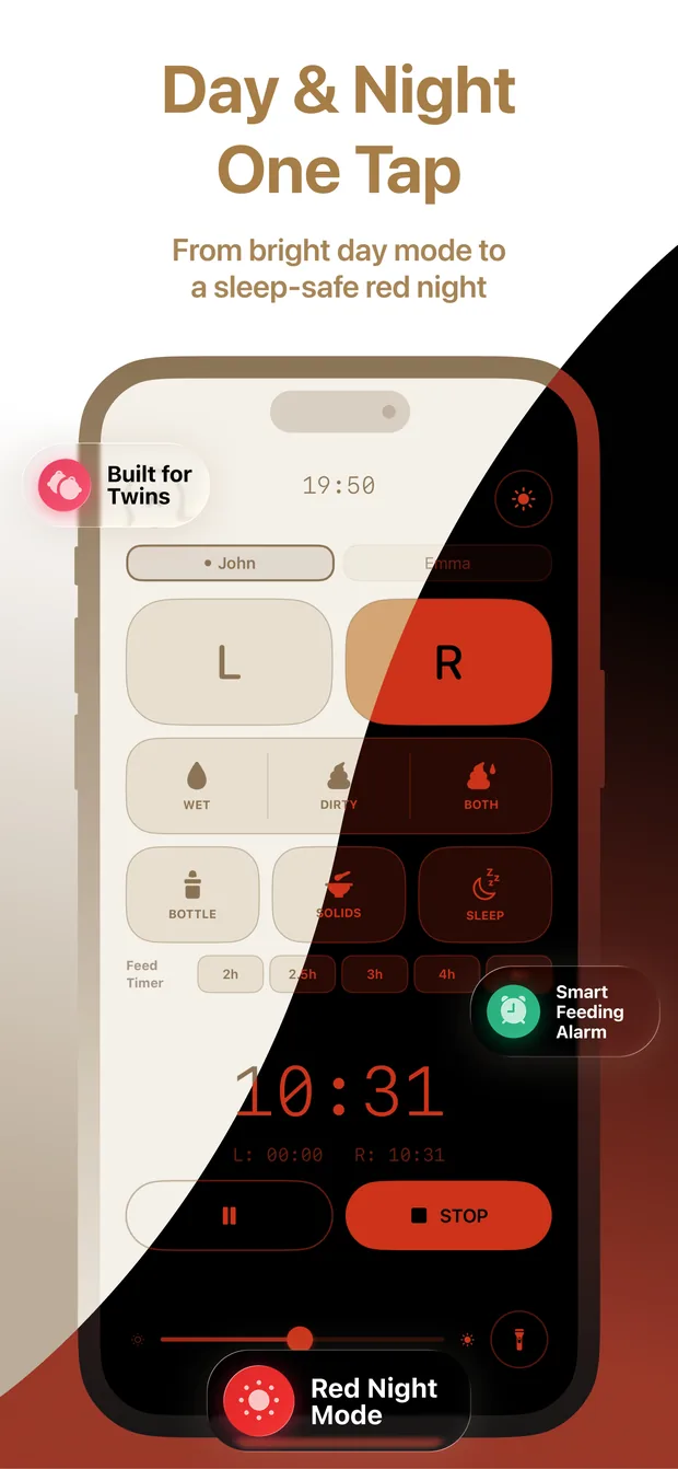 App Store screenshot “Day & Night One Tap”: the feeding timer in bright day mode and in the sleep-friendly red night mode, with left and right breast buttons, a switch between the twins and the smart feeding alarm.