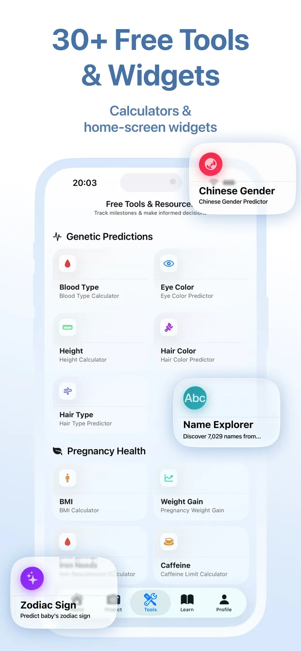App Store screenshot “30+ Free Tools & Widgets”: the in-app Free Tools hub with genetic trait tools such as eye and hair colour, pregnancy health calculators such as BMI, weight gain and caffeine, and the Chinese gender, zodiac sign and Name Explorer tools.