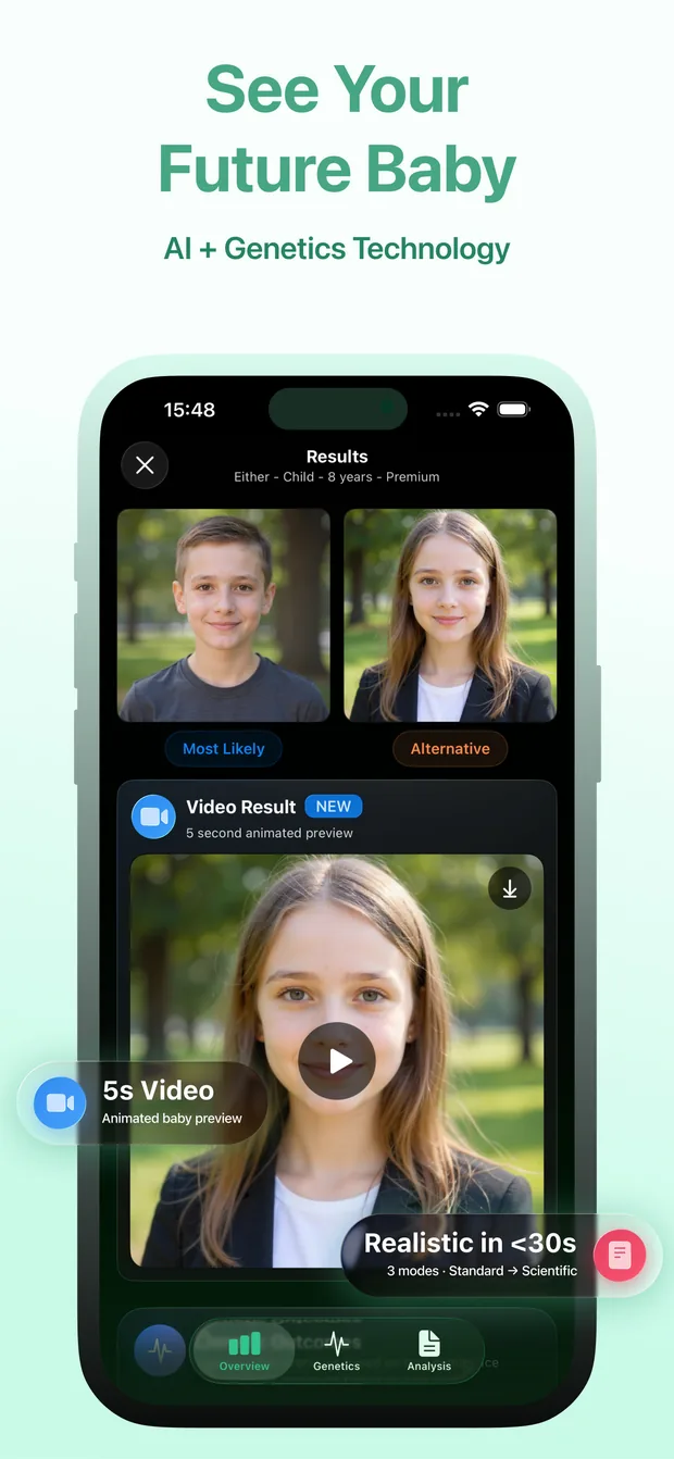 App Store screenshot “See Your Future Baby”: Premium prediction results with a most likely and an alternative child portrait, and an animated video preview.