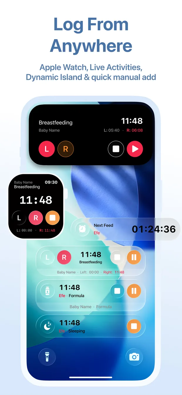 App Store screenshot “Log From Anywhere”: a breastfeeding session on the Apple Watch, in a Live Activity and in the Dynamic Island, with timers you can pause or stop from the Lock Screen.