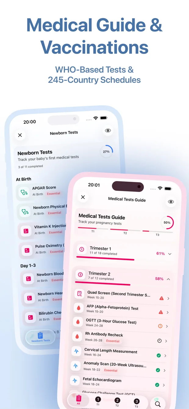 App Store ekran görüntüsü (İngilizce): yenidoğan testleri listesi ve trimesterlere göre gebelik tıbbi testleri rehberi; her birinde ilerleme durumu.