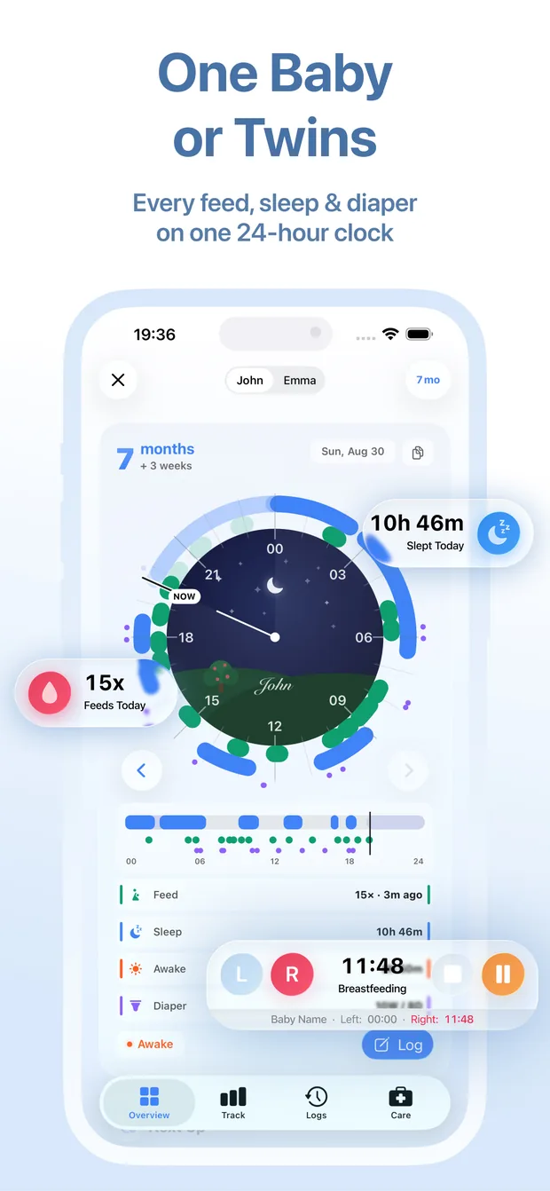 App Store screenshot “One Baby or Twins”: the baby overview with every feed, sleep and diaper on one 24-hour clock, a switch between the twins John and Emma, and a breastfeeding timer running.